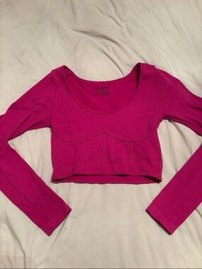 Garage Hot Pink Ribbed Long Sleeve Scoop Crop Top
